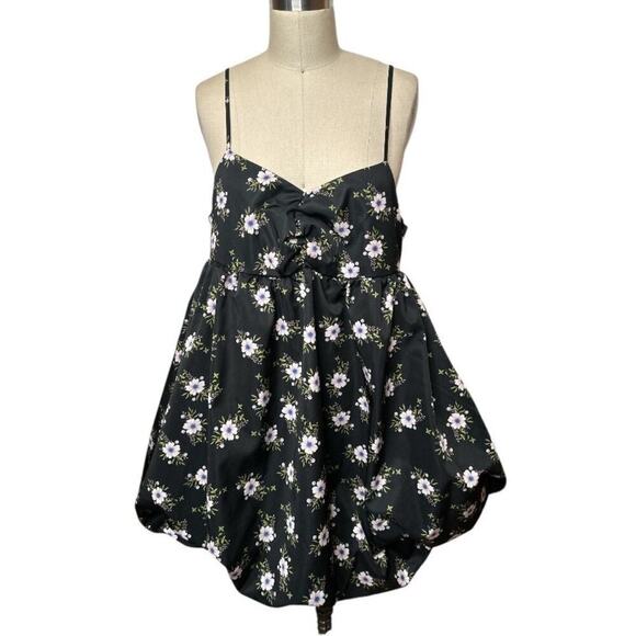 Free People Black Floral Print Spaghetti Strap Bubble Mini Dress Women's L NWT - Picture 3 of 8